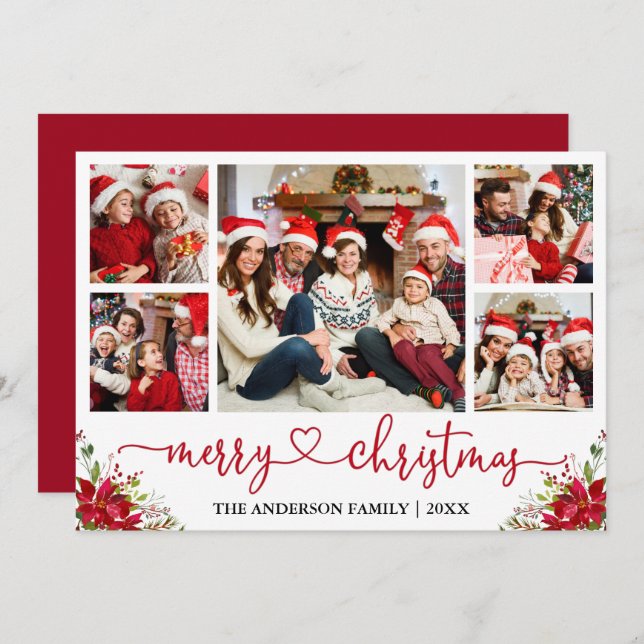 Tarjeta Festiva Navidades del corazón caligráficos Poinsettia 5 Fo (Anverso / Reverso)