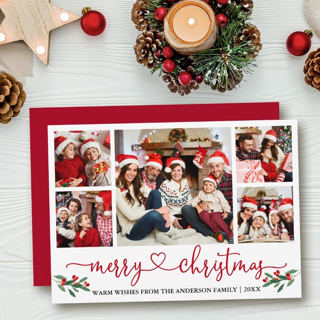 Tarjeta Festiva Navidades del corazón de caligrafía Holly 5 Foto r (Customize to add text to back of card or to change color of  back of card.)