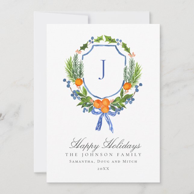 Tarjeta Festiva Navidades del Escudo naranja Blue Monogram Winter (Anverso)