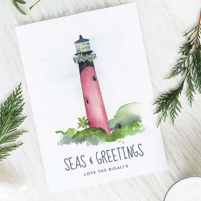 Tarjeta Festiva Navidades del faro acuático Florida Beach (Watercolor Lighthouse Beach Christmas Card Florida Holiday)