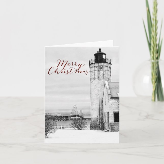 Tarjeta Festiva Navidades del faro del puente Mackinaw (Anverso)