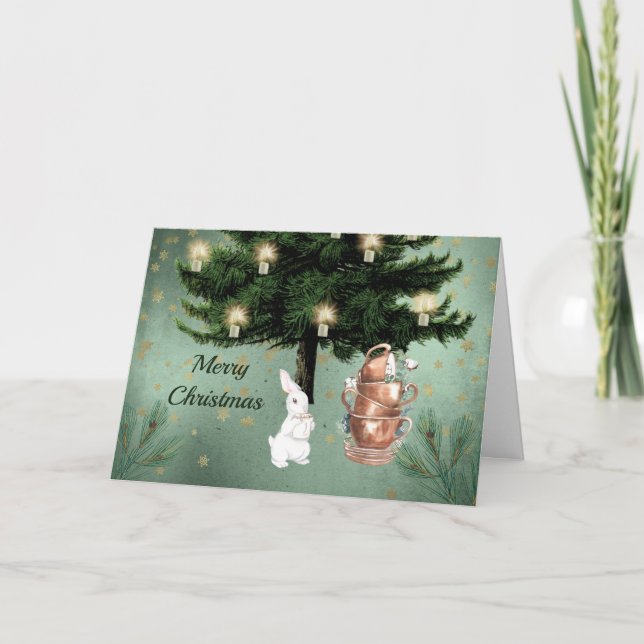 Tarjeta Festiva Navidades del Fiesta de té de conejo blanco de épo (Anverso)