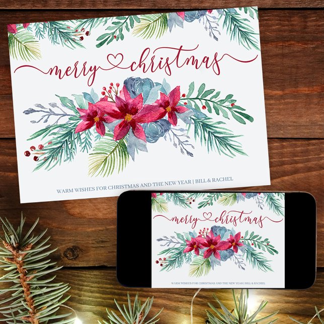 Tarjeta Festiva Navidades del Foliage invernal y de la acuarela de (Poinsettia Christmas Card. Buy professionally printed or as a printable digital download.)