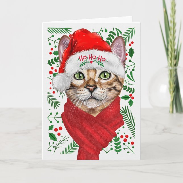 Tarjeta Festiva Navidades del Gato Abysiniano Ho Ho Santa Hat Meow (Anverso)