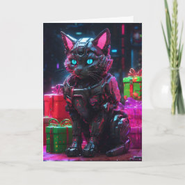 Tarjeta Festiva Navidades del gato Cyberpunk Robot