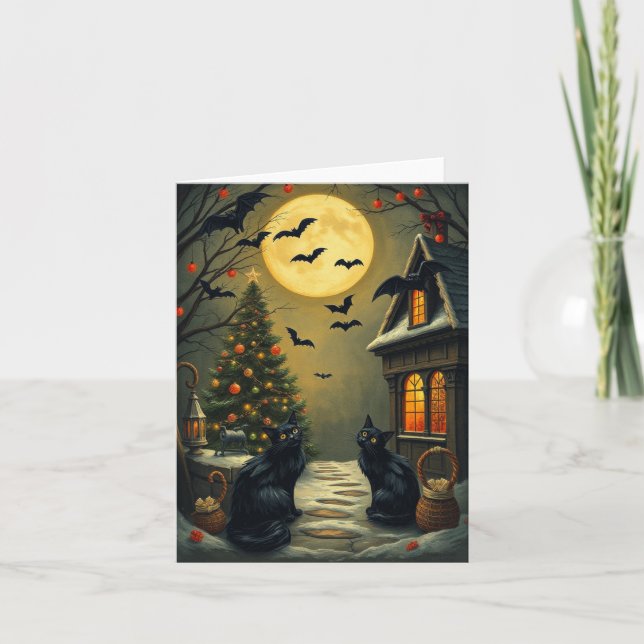 Tarjeta Festiva Navidades del gato gótico (Anverso)