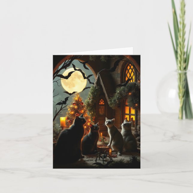 Tarjeta Festiva Navidades del gato gótico (Anverso)