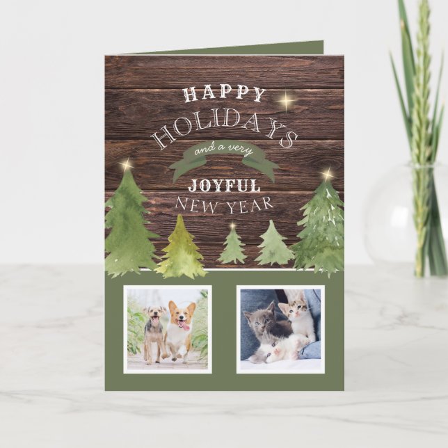 Tarjeta Festiva Navidades del gato Mascota de perro de Rustic Wood (Anverso)