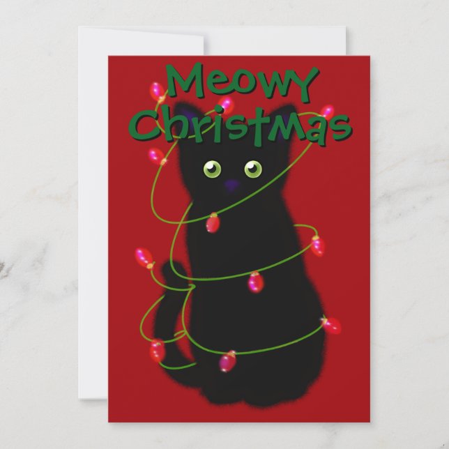 Tarjeta Festiva Navidades del gato negro Meowy luces de incandesce (Anverso)