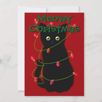 Tarjeta Festiva Navidades del gato negro Meowy luces de incandesce