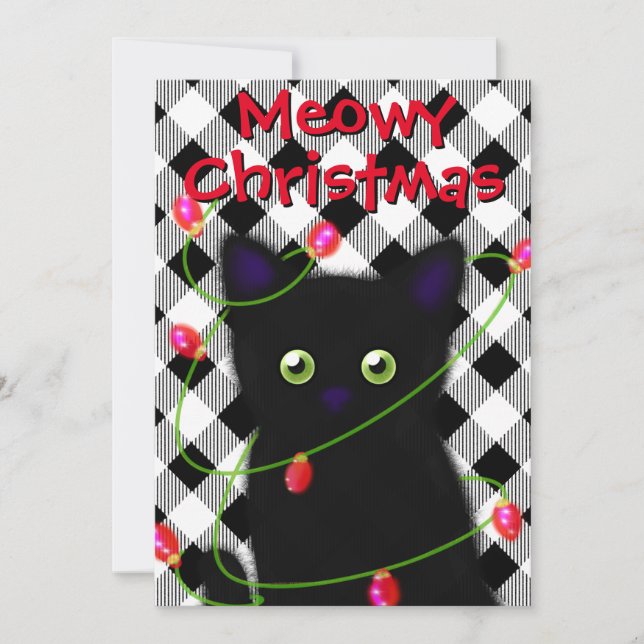 Tarjeta Festiva Navidades del gato negro Meowy luces de incandesce (Anverso)