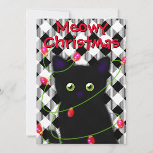 Tarjeta Festiva Navidades del gato negro Meowy luces de incandesce