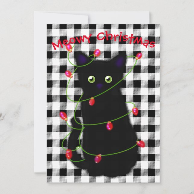 Tarjeta Festiva Navidades del gato negro Meowy luces de incandesce (Anverso)
