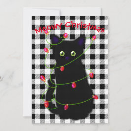 Tarjeta Festiva Navidades del gato negro Meowy luces de incandesce