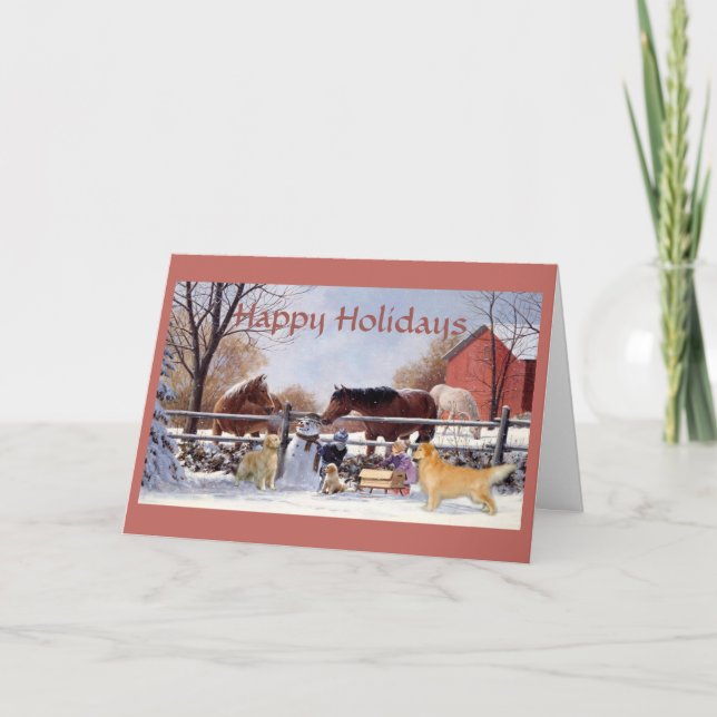 Tarjeta Festiva Navidades del Golden Retriever y los caballos de l (Anverso)