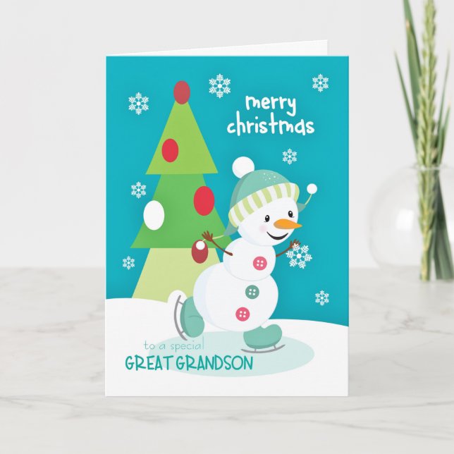 Tarjeta Festiva Navidades del Gran Abuelo Patinaje Hielo Snowman (Anverso)