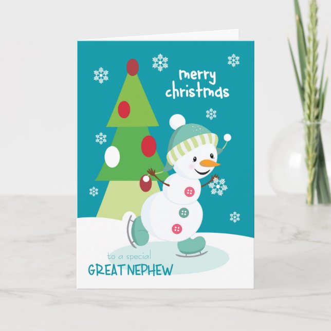 Tarjeta Festiva Navidades del gran sobrino snowman sobre patinaje  (Anverso)