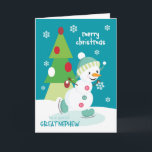 Tarjeta Festiva Navidades del gran sobrino snowman sobre patinaje<br><div class="desc">Envíe a un gran sobrino especial una tarjeta de Navidades divertida y colorida con un feliz hombre de nieve patinando sobre hielo con un colorido árbol de Navidad y copos de nieve sobre un fondo turquesa. Hombre de nieve,  cortesía de Bonito Grafik.</div>