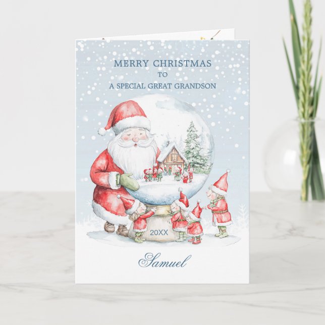 Tarjeta Festiva Navidades del Great Grandson Snow Globe Santa Elf (Anverso)