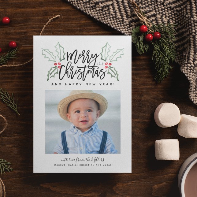 Tarjeta Festiva Navidades del guión de pincel llamativo Hollies Fo (Subido por el creador)