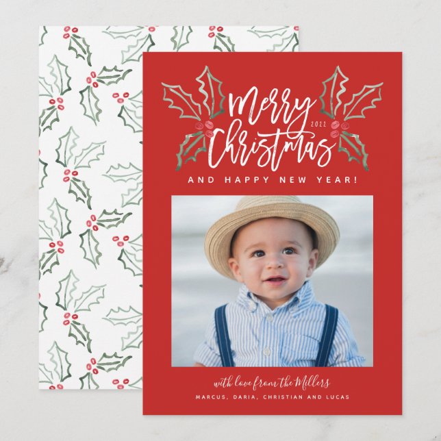 Tarjeta Festiva Navidades del guión de pincel llamativo Hollies Fo (Anverso / Reverso)