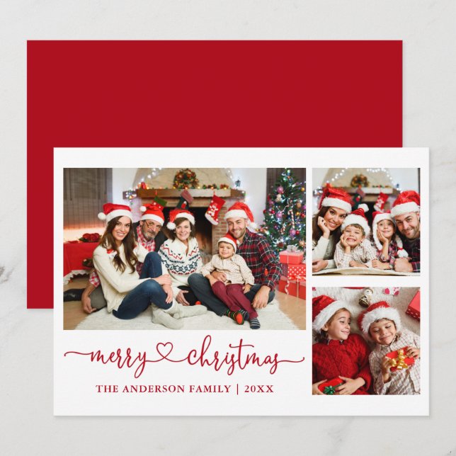 Tarjeta Festiva Navidades del guión del corazón caligrafía rojo 3  (Anverso / Reverso)
