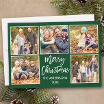 Tarjeta Festiva Navidades del guión del pincel 5 Foto Verde<br><div class="desc">Guión de pincel moderno Feliz Navidad 5 Tarjeta de vacaciones de Collage de fotos - Verde de bosque</div>