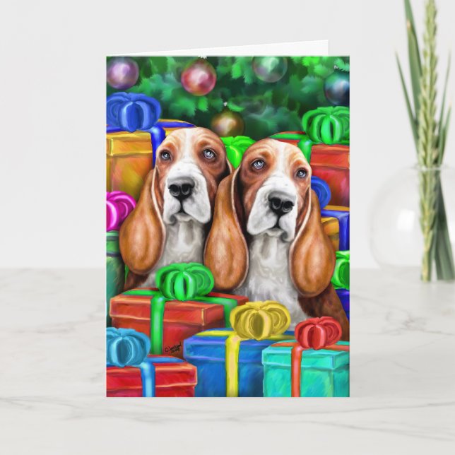 Tarjeta Festiva Navidades del Hound de Basset abren regalos (Anverso)