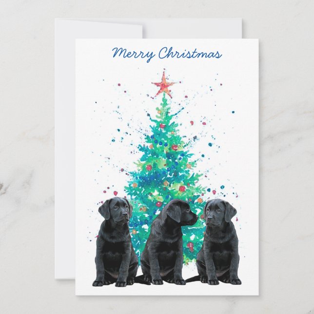 Tarjeta Festiva Navidades del Labrador Negro recuperan cachorros d (Anverso)