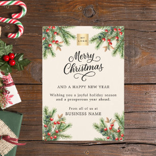 Tarjeta Festiva Navidades del logo comercial de pine red berries b