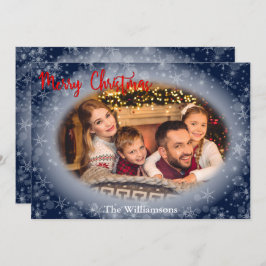 Tarjeta Festiva Navidades del marco fotográfico Snowy Blue Oval