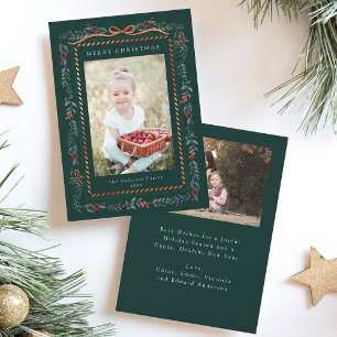 Tarjeta Festiva Navidades del marco rojo Winterberry 2 foto verde