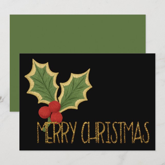 Tarjeta Festiva Navidades del minimalista Holly Berries Embroidery (Anverso / Reverso)