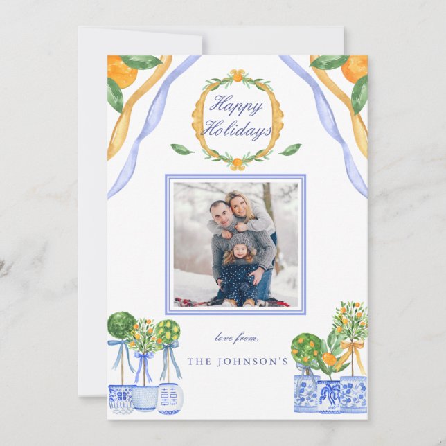 Tarjeta Festiva Navidades del Naranja Chinoiserie blanco azul Foto (Anverso)