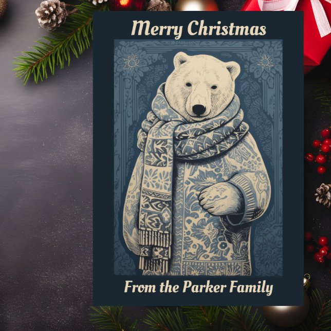 Tarjeta Festiva Navidades del oso polar azul (A Christmas card featuring an illustration of a polar bear wrapped in a scarf.)