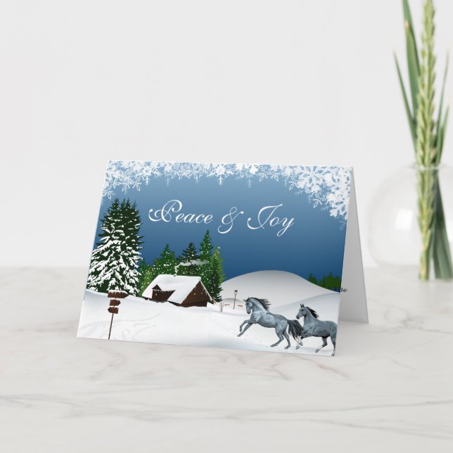 Tarjeta Festiva Navidades del país caballos en la paz de la nieve  (Anverso)