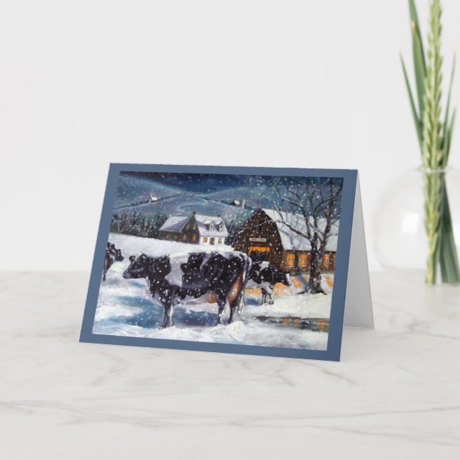 Tarjeta Festiva Navidades del país, pintura de vacas Hostein (Anverso)