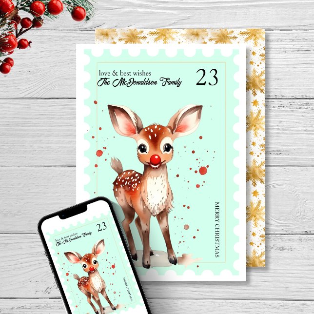 Tarjeta Festiva Navidades del Pastel de renos kitsch (Vintage Stamp Kitsch red nose Reindeer Pastel Christmas Holiday Card mint green 1950s midcentury)