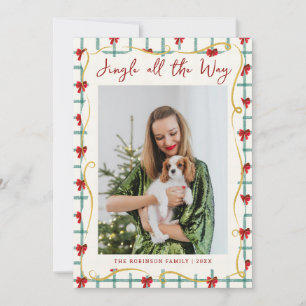 Tarjeta Festiva Navidades del patrón de arco verde rojo limpio 1 f