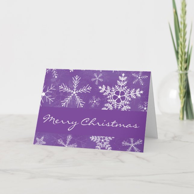 Tarjeta Festiva Navidades del patrón de copos de nieve morado y bl (Anverso)