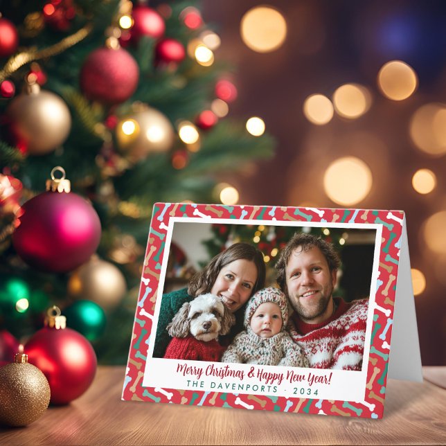 Tarjeta Festiva Navidades del patrón de huesos de perro Verde azul (Red & Teal Dog Bones Pattern Christmas Pet Photo Holiday Card)