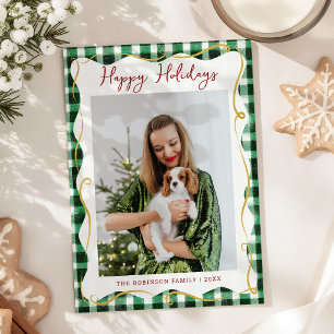 Tarjeta Festiva Navidades del patrón Green Gold Gingham 1 Foto