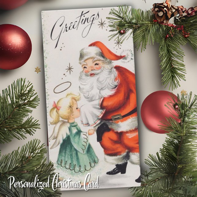 Tarjeta Festiva Navidades del Pequeño Ángel de Santa Vieja (Vintage Santa's Little Angel Custom Christmas Holiday Card. Just add your name & a special message!)