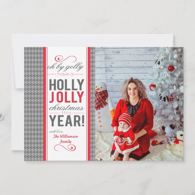 Tarjeta Festiva Navidades del personalizable Herringbone Holly Jol (Anverso)