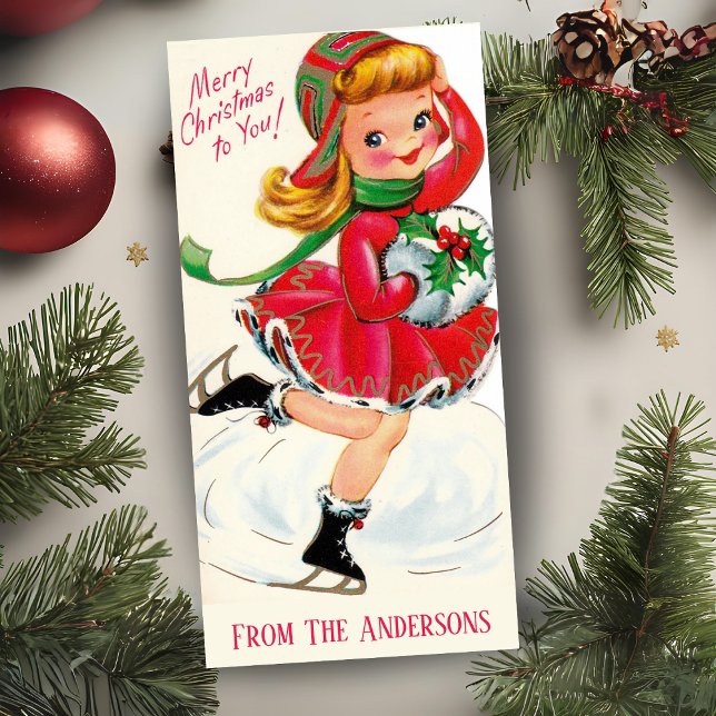 Tarjeta Festiva Navidades del Personalizado de patinaje sobre hiel (Vintage Retro Girl Ice Skater Custom Christmas Holiday Card - Add your name and custom message!)