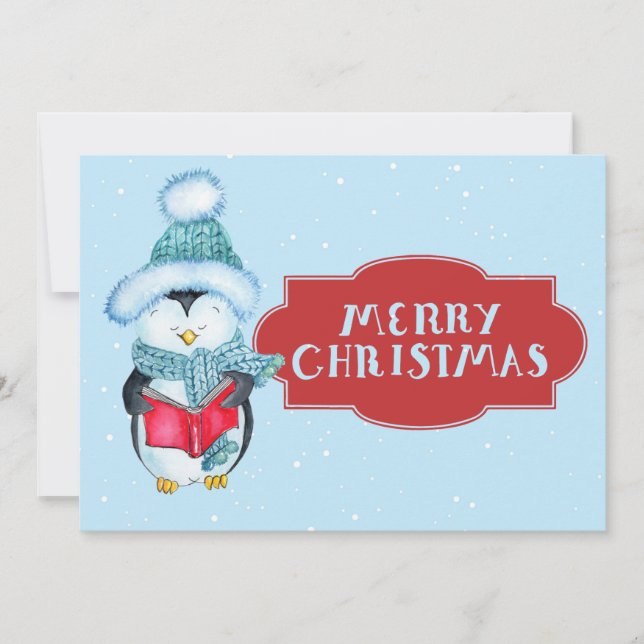 Tarjeta Festiva Navidades del Pingüino Cute Caroling (Anverso)