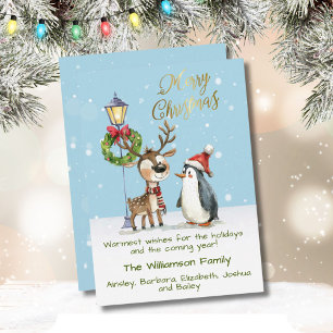 Tarjeta Festiva Navidades del Pingüino de los Renos Whimsical