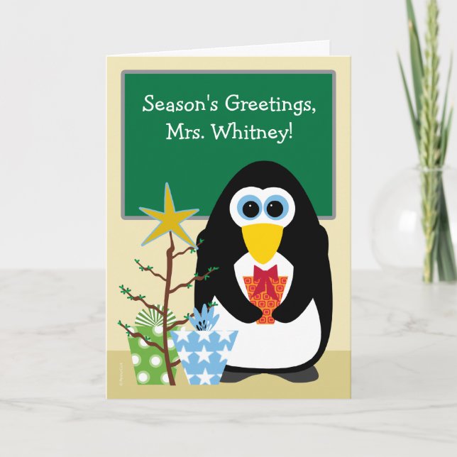 Tarjeta Festiva Navidades del profesor cute pingüino en aula (Anverso)
