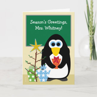 Tarjeta Festiva Navidades del profesor cute pingüino en aula