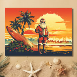 Tarjeta Festiva Navidades del Santa y Surfboard Retro Surfing Beac